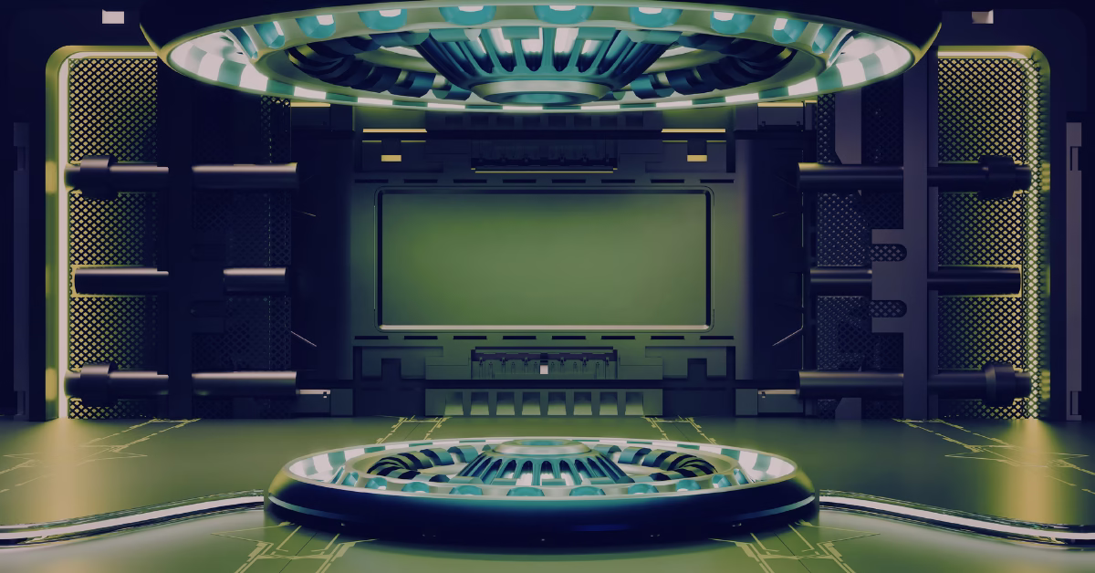 A dimly lit control room with a glowing screen, representing the unconscious belief systems quietly running in the background of our decisions.