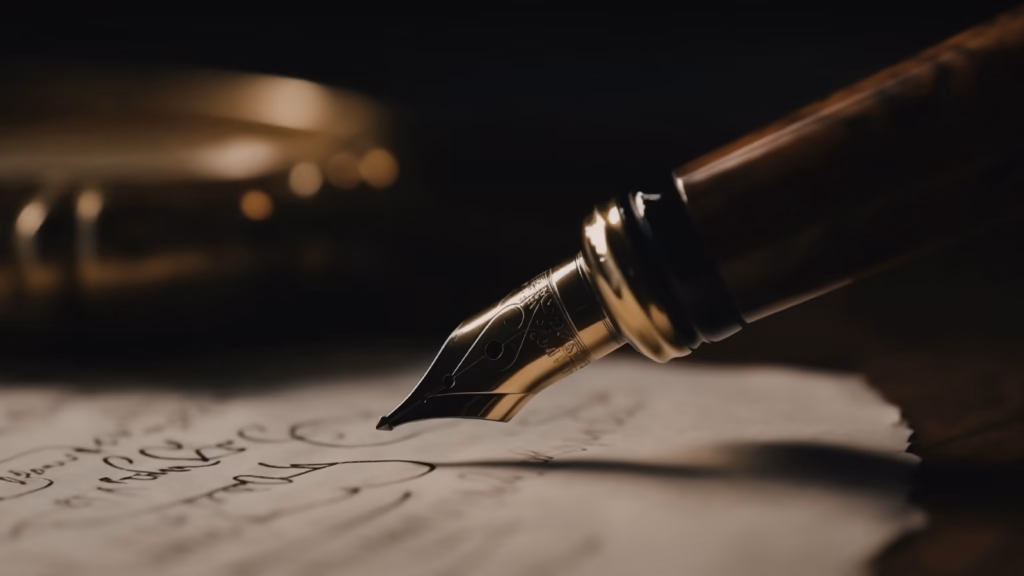 A fountain pen writing fresh ink over faded handwriting on aged paper