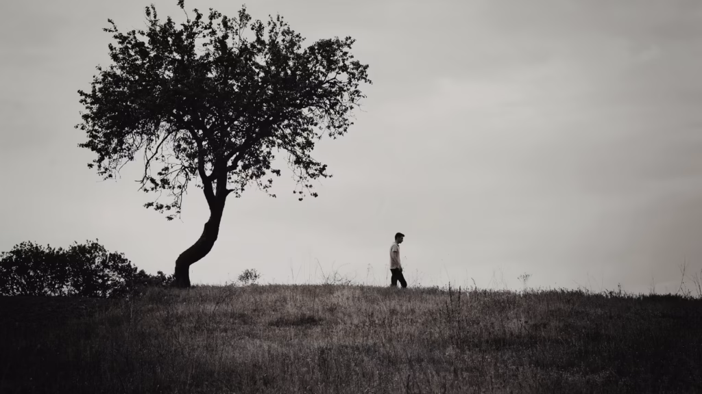 A small figure walking alone beside a lone tree in a vast open field